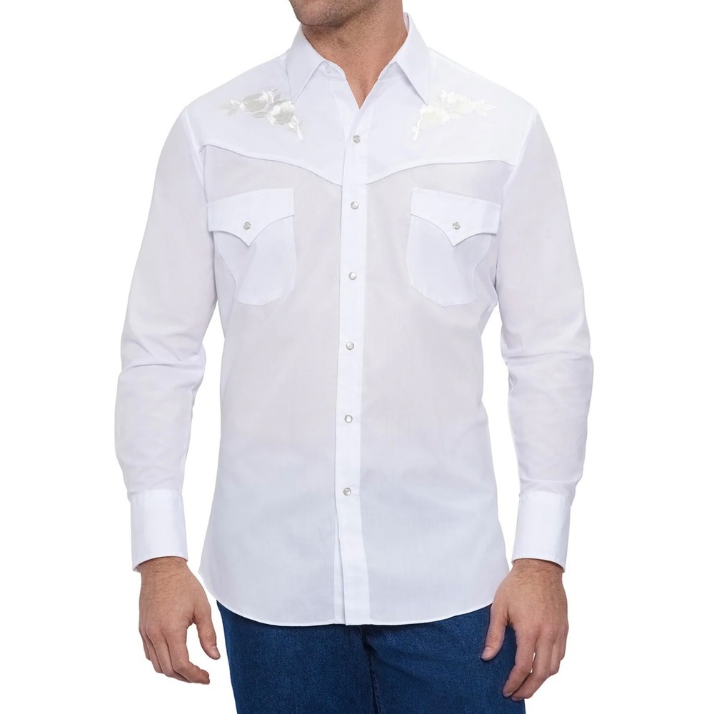 Ely Cattleman Long Sleeve White Western Pearl Snap Shirt W/Rose Embroidery,Large - Picture 3 of 9